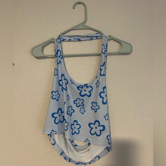 2 open back crop tops | Colors: Blue with Flowers & Orange & White with flowers - Picture 1 of 2